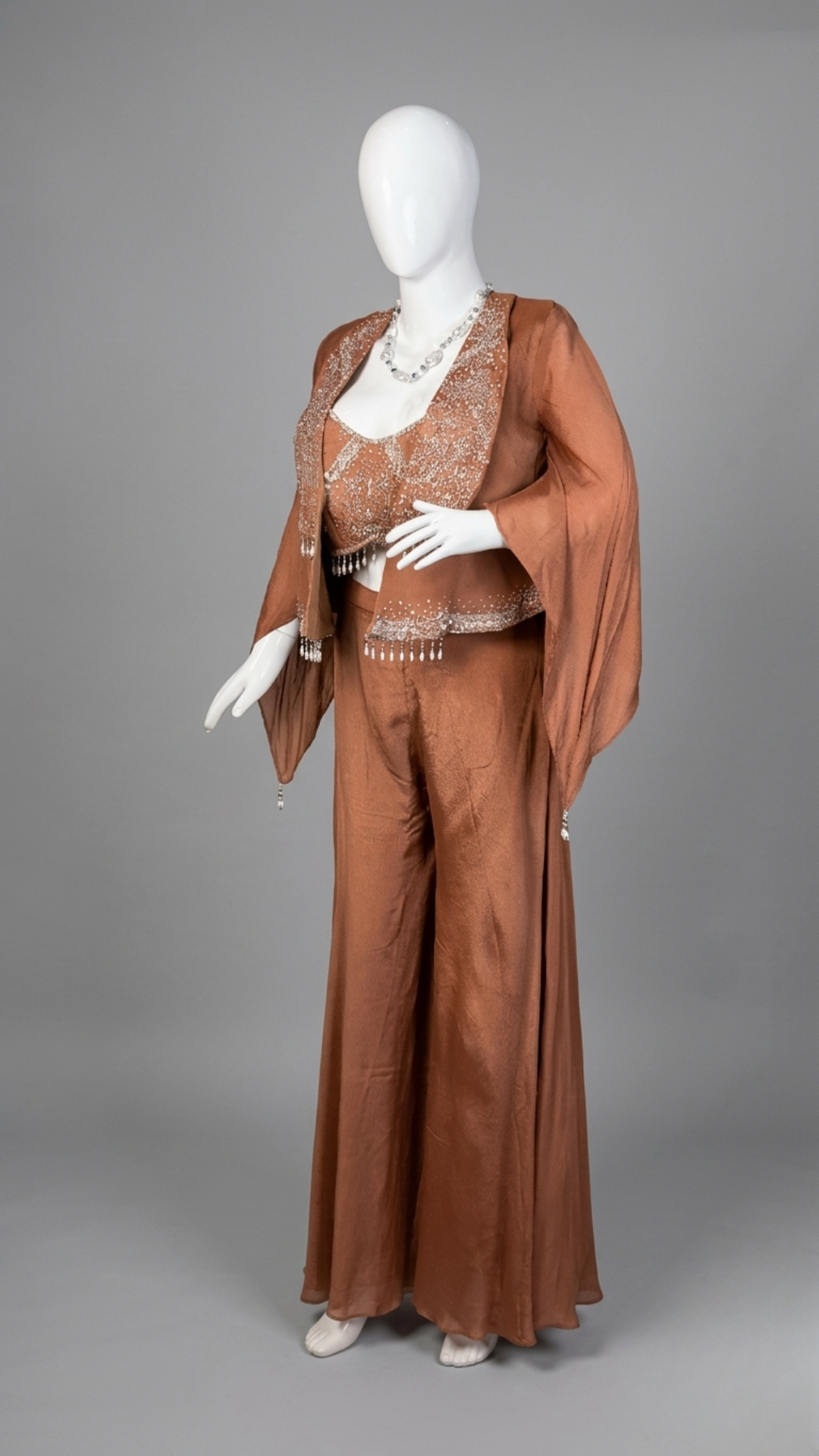 Banarashe Women’s Copper Brown Embroidered Peplum Top with Flared Palazzo & Draped Statement Jacket Co-Ord Set