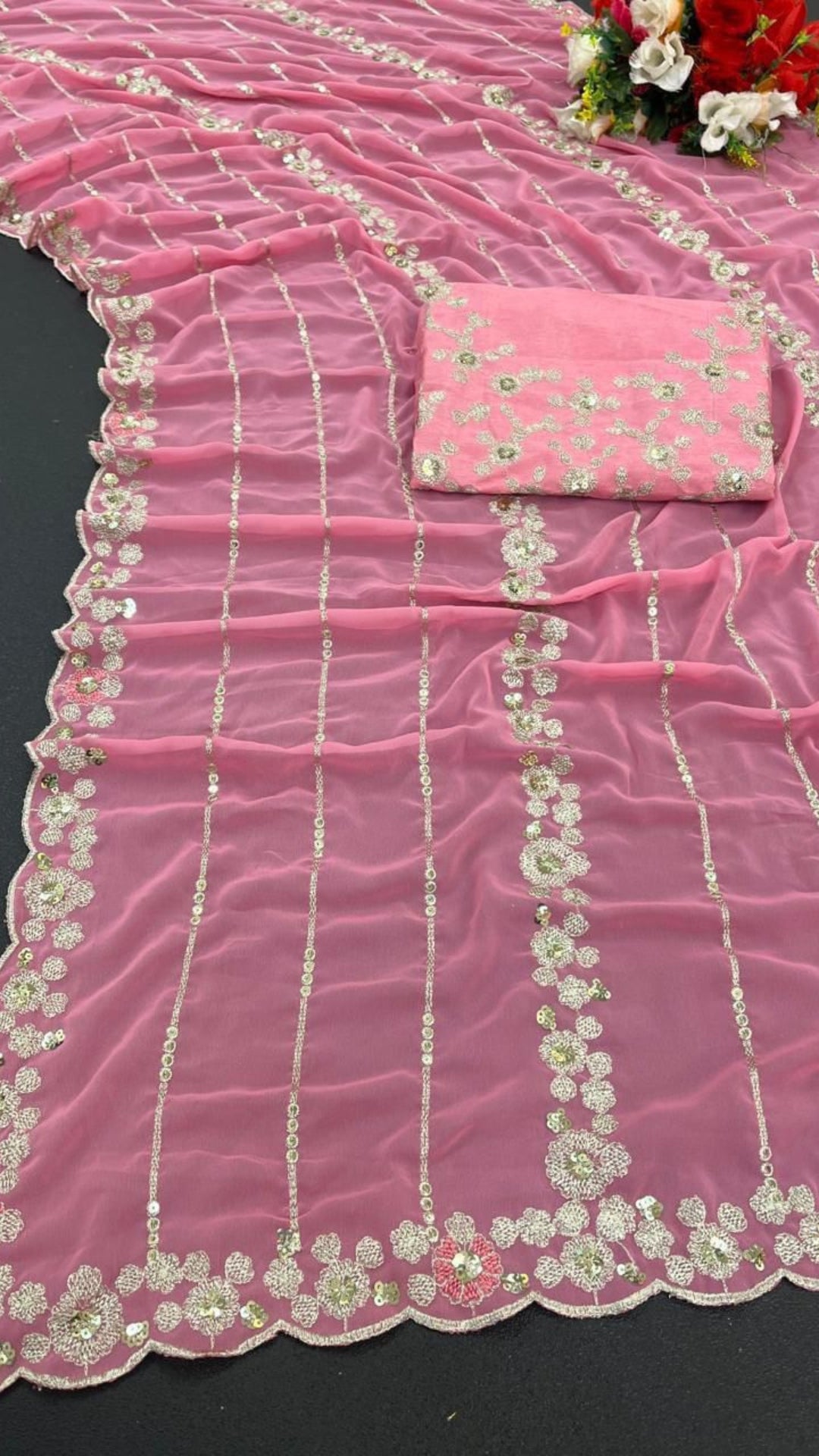Pink Georgette C-Pallu Saree with Cut-Work