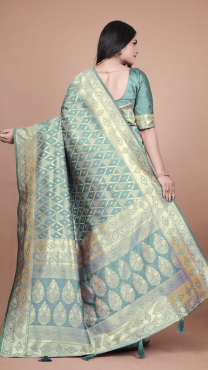 Pastel Green Banarasi Silk Saree with Gold Zari