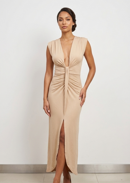 Beige Ruched Deep V-Neck Sleeveless Maxi Dress with Front Slit