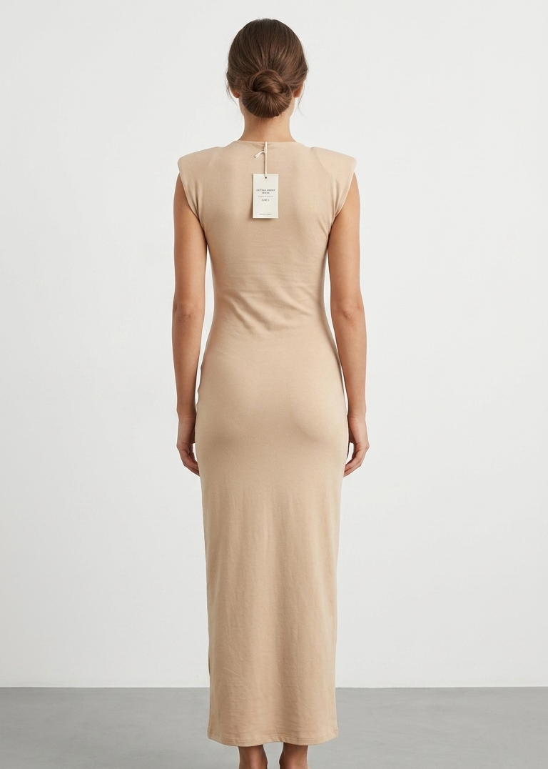 A woman stands with her back to the camera wearing a sleeveless, knee-length beige dress. A white paper tag is attached to the neckline, and she is wearing nude heels against a clean, light gray studio background.