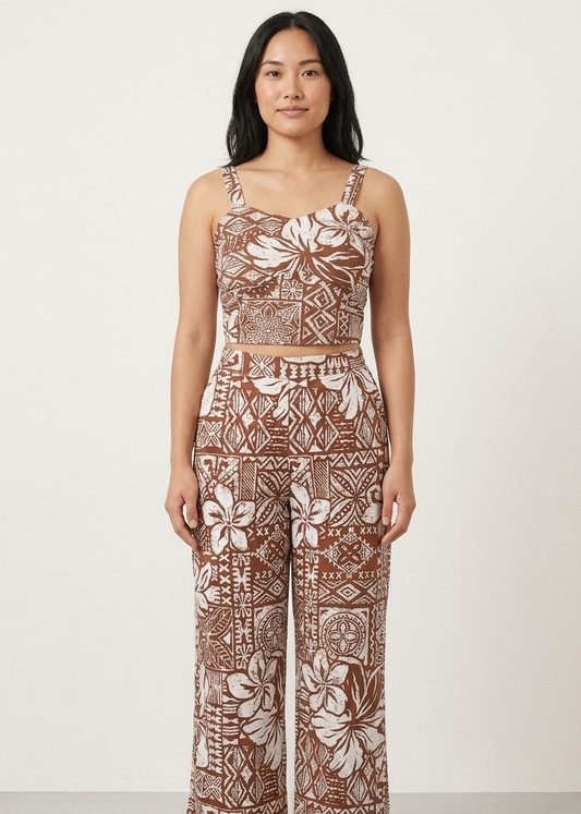 Brown Tropical Floral Print Crop Top & Wide-Leg Pants Co-Ord Set