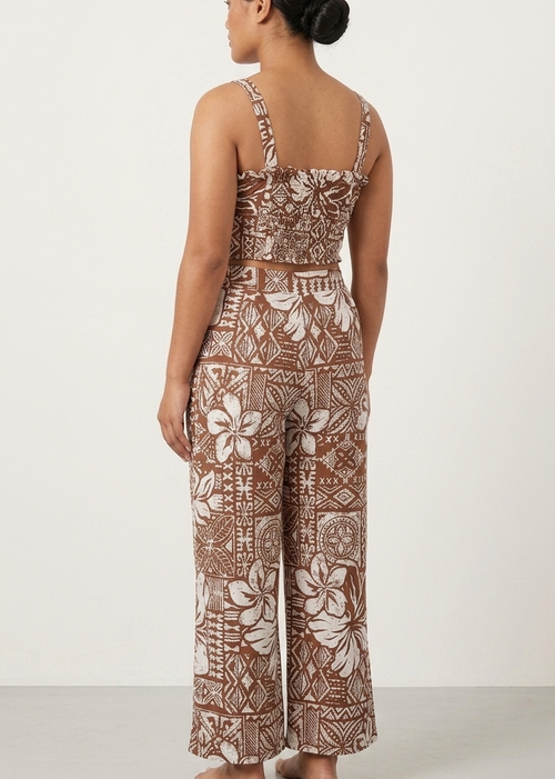Brown Tropical Floral Print Crop Top & Wide-Leg Pants Co-Ord Set