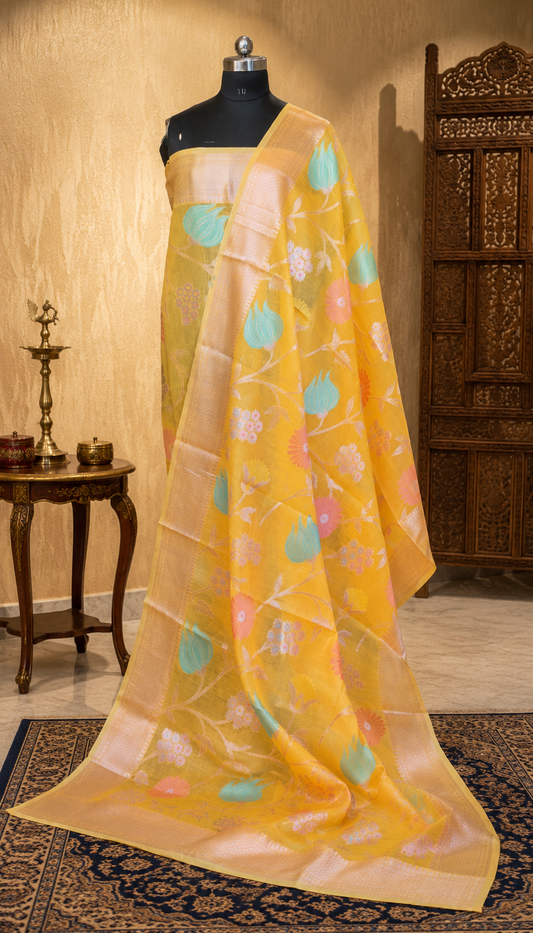 Elegant Mustard Yellow Floral Printed Silk Organza Saree with Zari Border