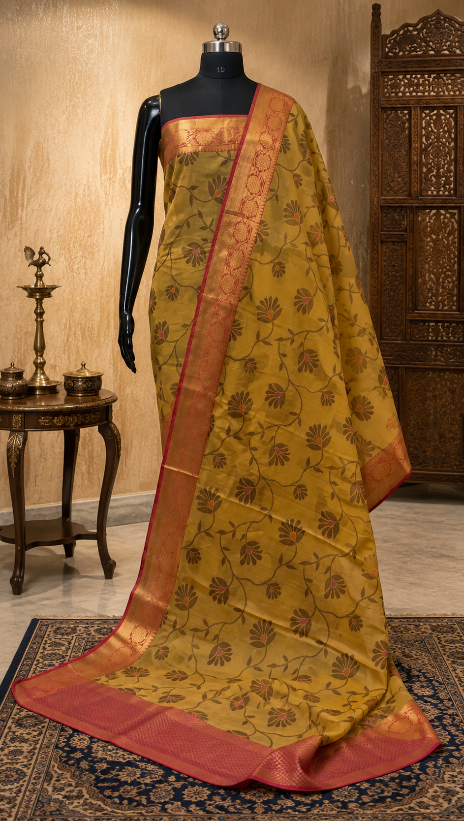 Elegant Mustard Yellow Floral Printed Silk Saree with Maroon Zari Border