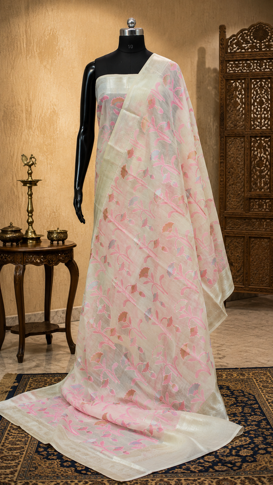 Elegant Blush Pink Silk Organza Floral Saree with Zari Border