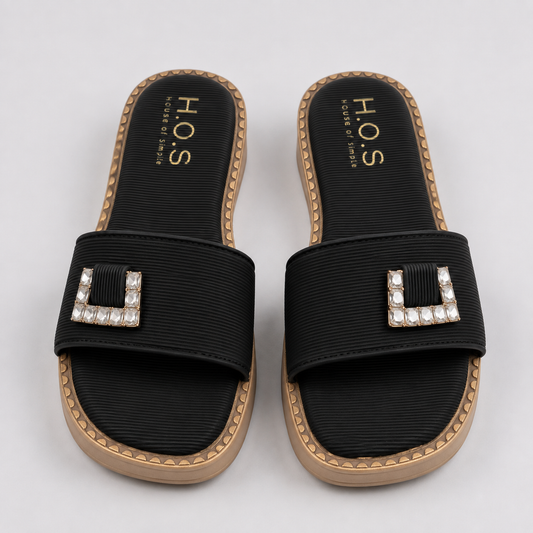 BanaraShe Women’s Black Embellished Slide Sandals