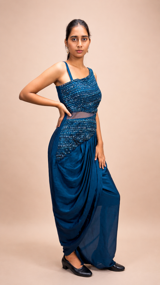 Teal Contemporary Draped Evening Gown