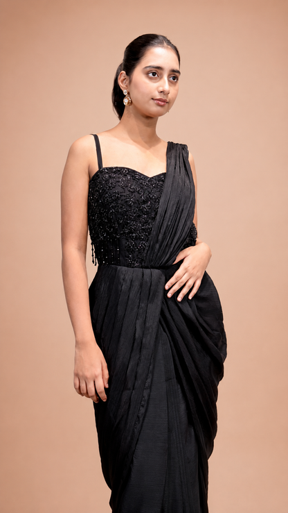 Black Contemporary Pre‑Stitched Saree