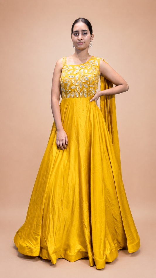 Mustard Yellow Cape Style Floor‑Length Gown