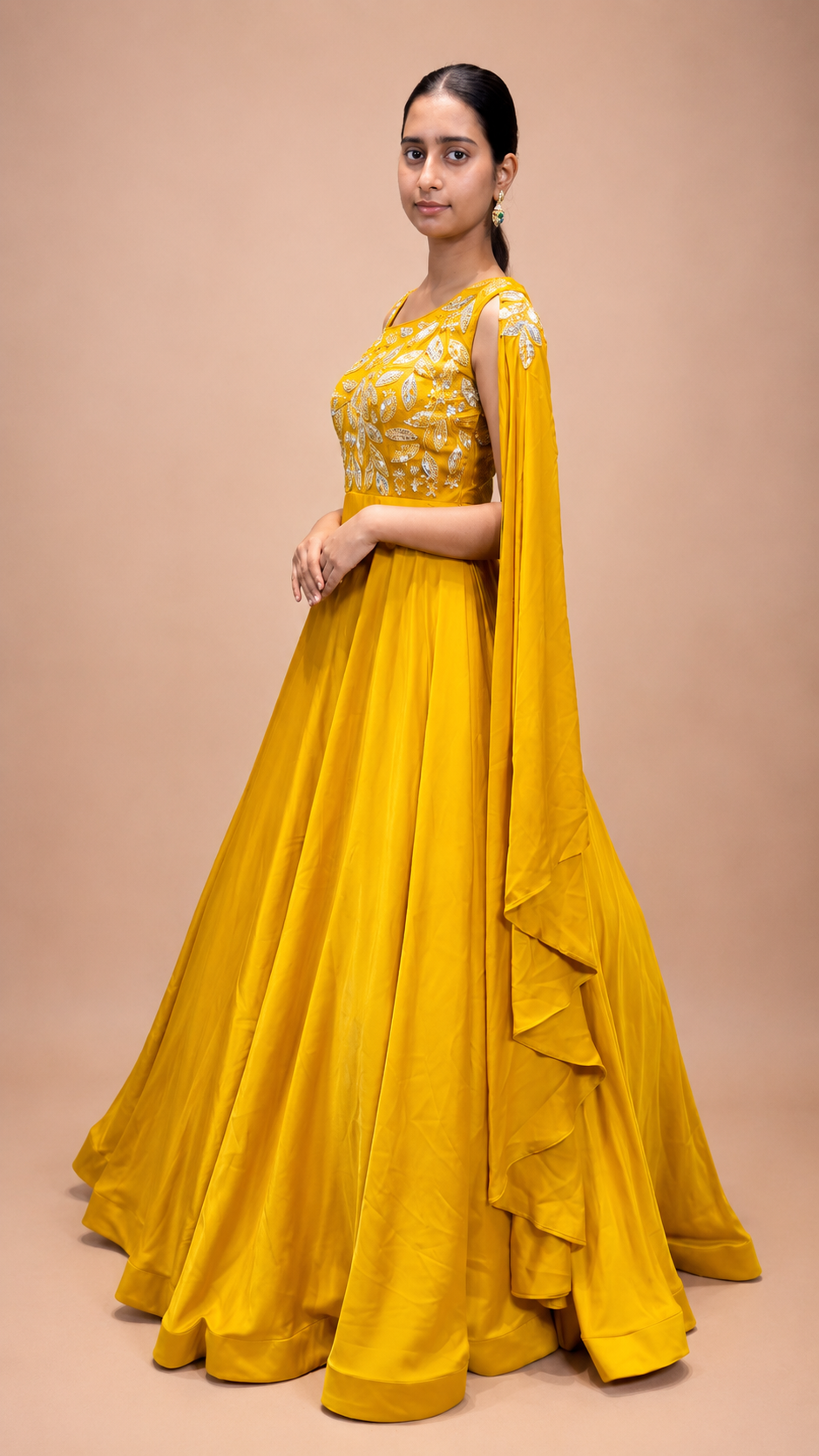 Mustard Yellow Cape Style Floor‑Length Gown