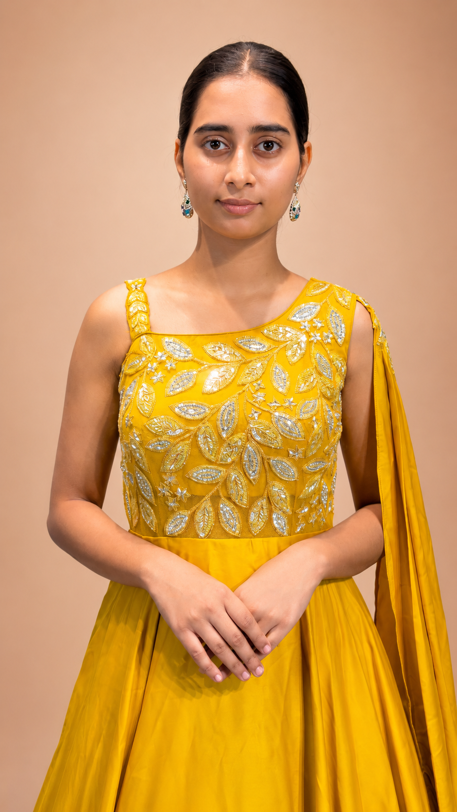 Mustard Yellow Cape Style Floor‑Length Gown