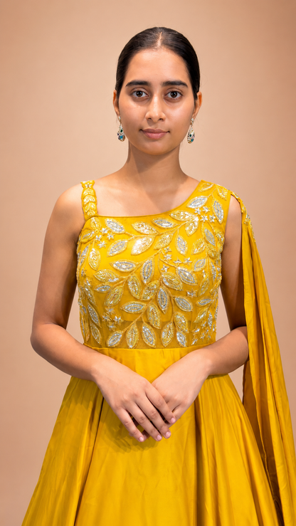 Mustard Yellow Cape Style Floor‑Length Gown