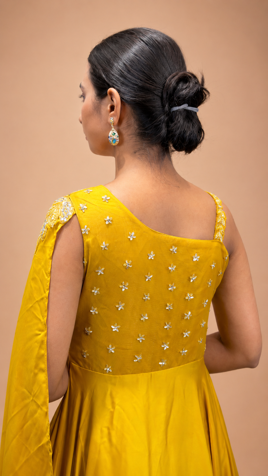 Mustard Yellow Cape Style Floor‑Length Gown