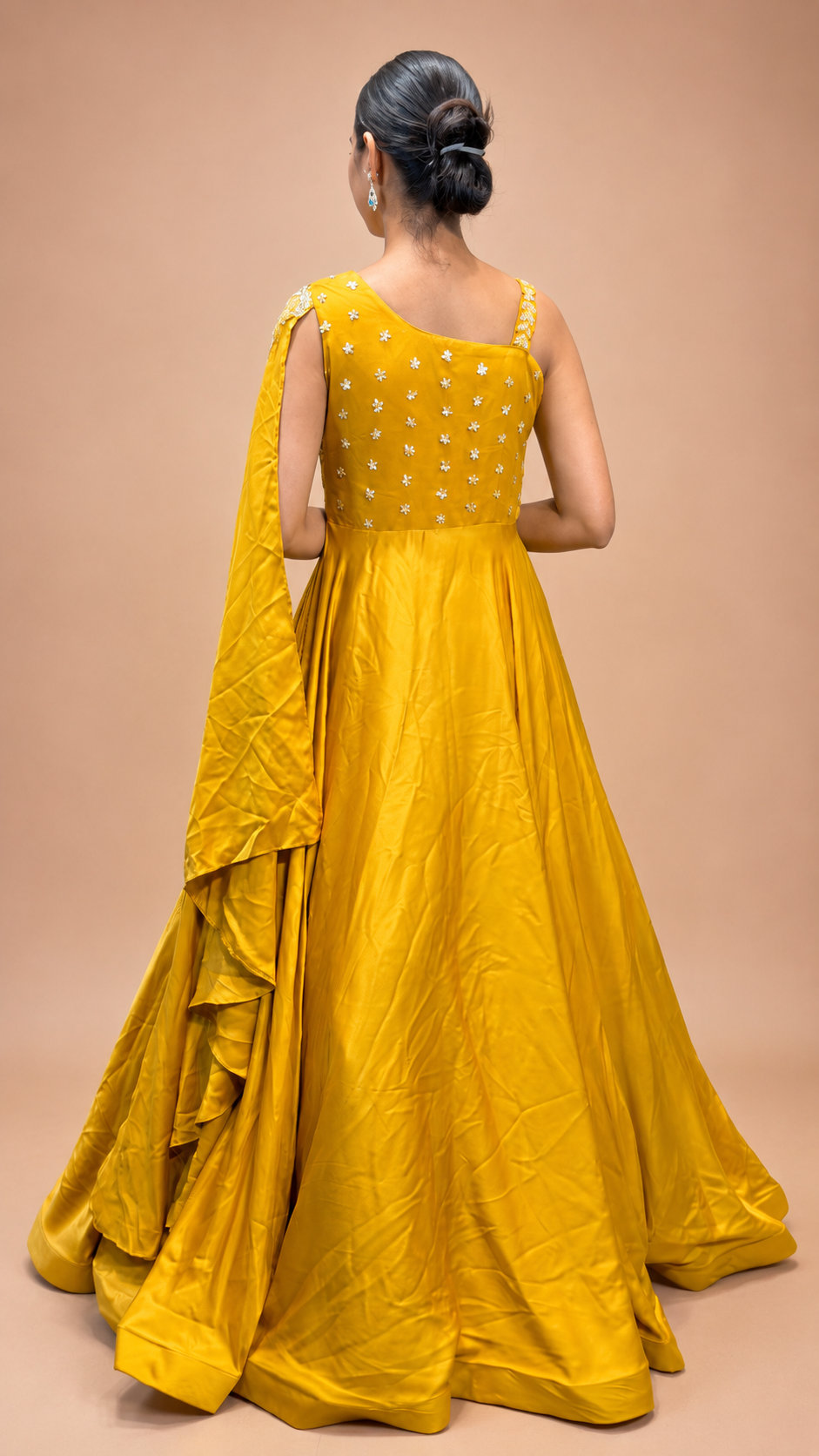 Mustard Yellow Cape Style Floor‑Length Gown