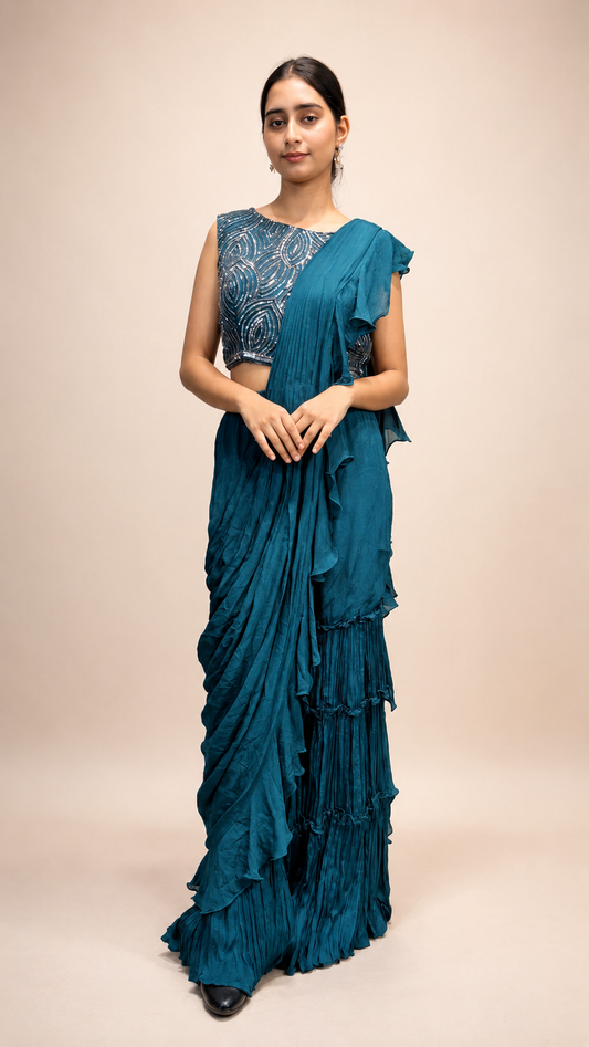 Teal Ruffle Pre‑Draped Saree with Embroidered Blouse