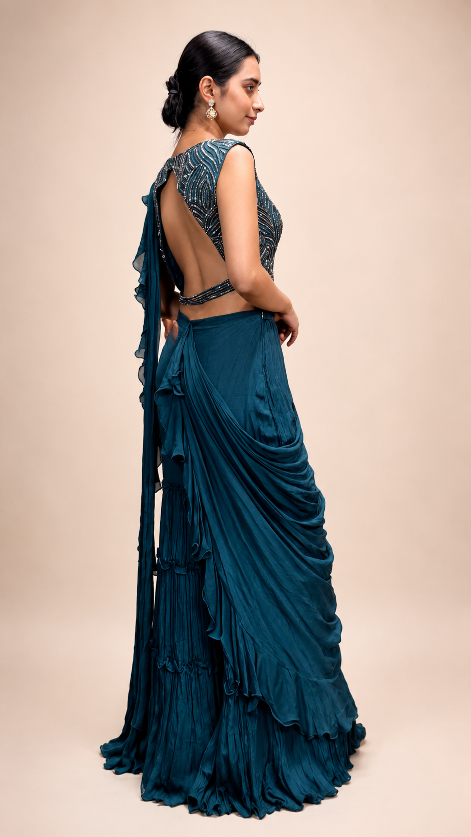 Teal Ruffle Pre‑Draped Saree with Embroidered Blouse