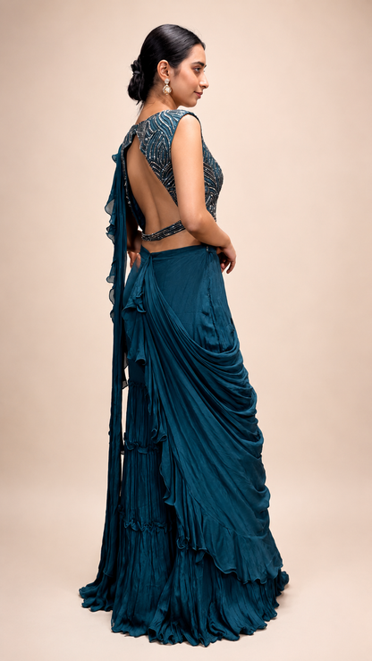 Teal Ruffle Pre‑Draped Saree with Embroidered Blouse