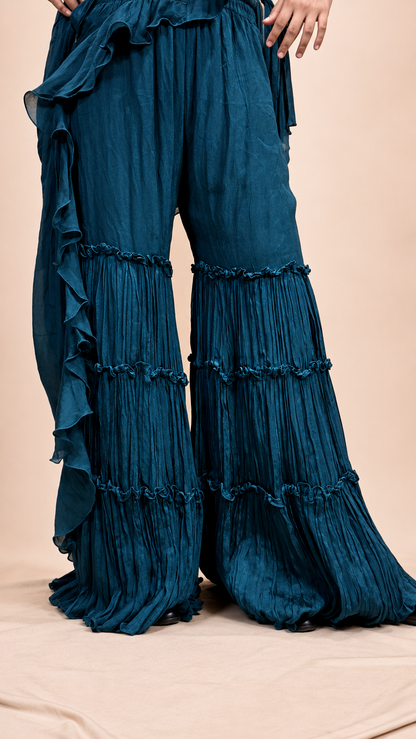 Teal Ruffle Pre‑Draped Saree with Embroidered Blouse