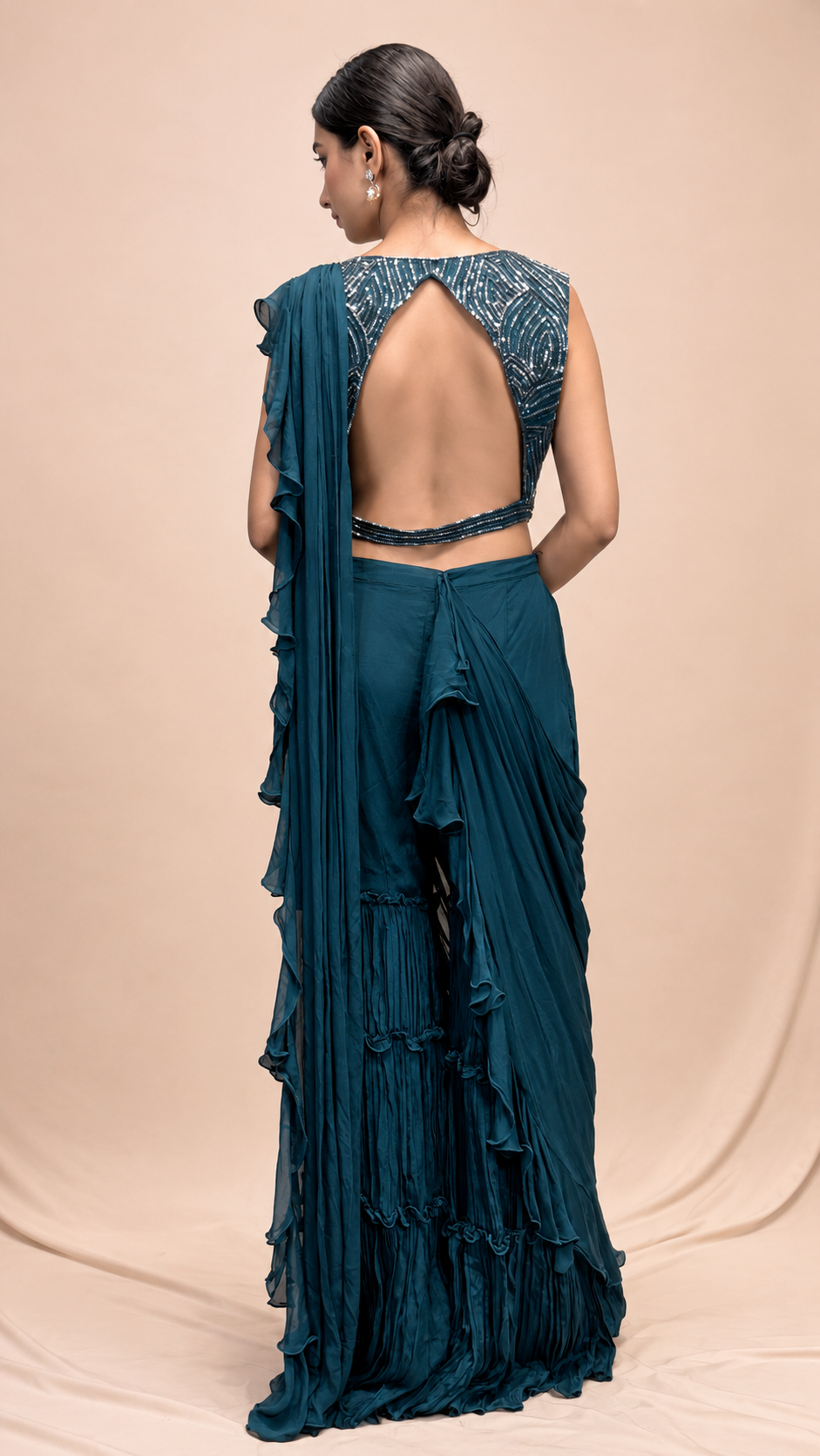 Teal Ruffle Pre‑Draped Saree with Embroidered Blouse