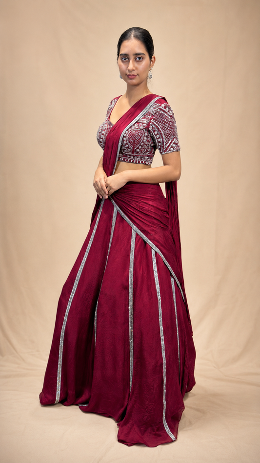 Wine Embellished Pre‑Draped Saree Lehenga Set