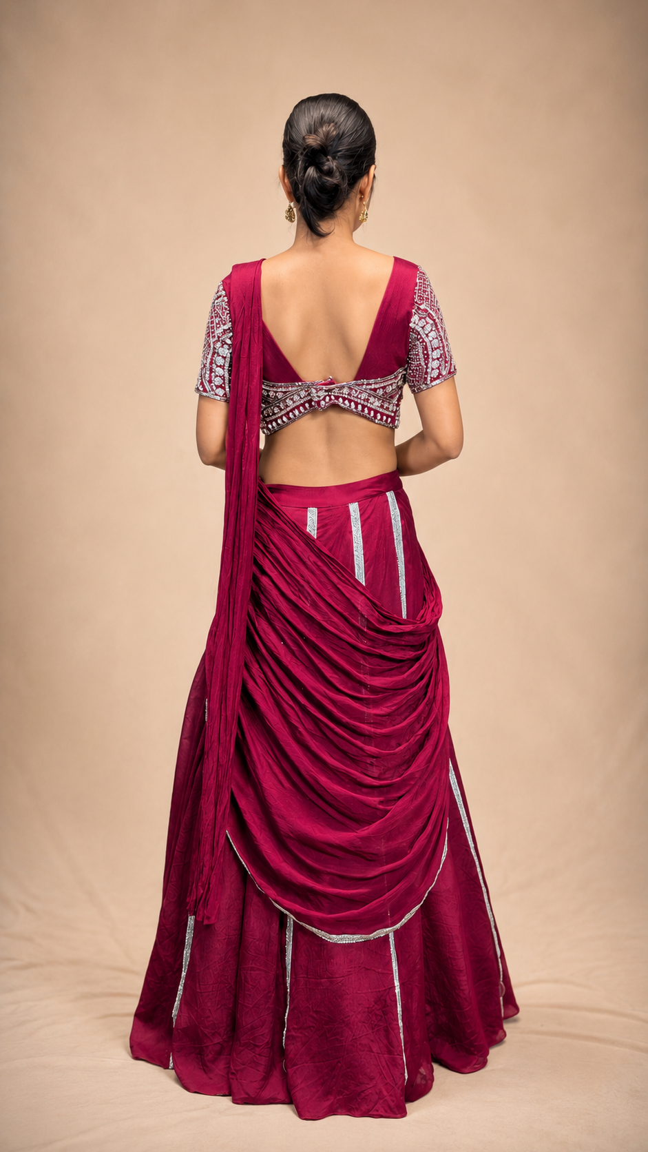 Wine Embellished Pre‑Draped Saree Lehenga Set