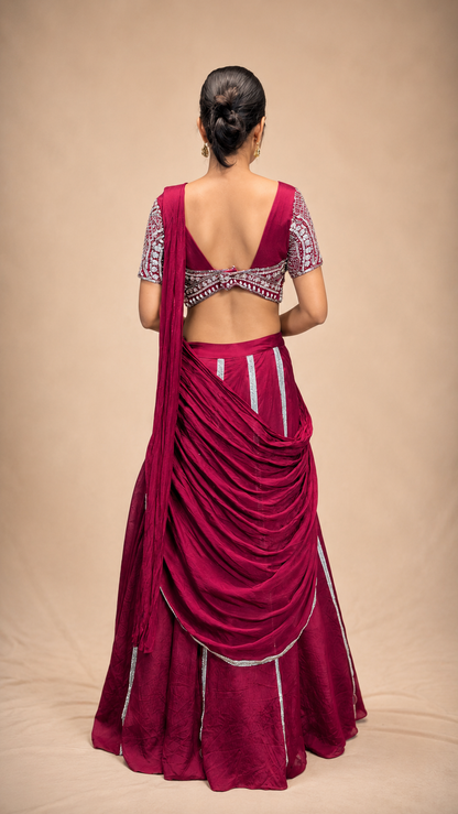 Wine Embellished Pre‑Draped Saree Lehenga Set