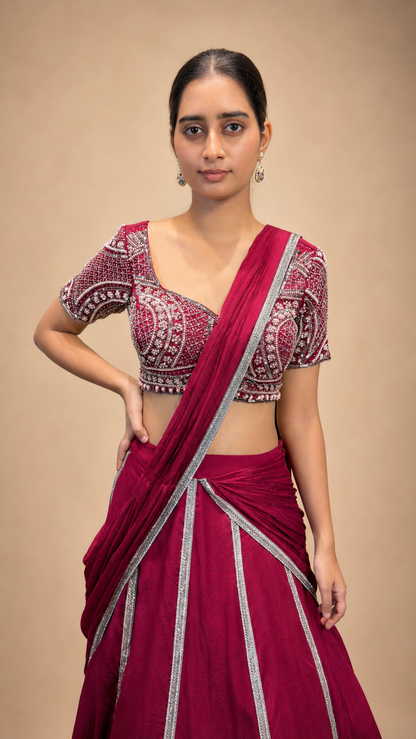 Wine Embellished Pre‑Draped Saree Lehenga Set