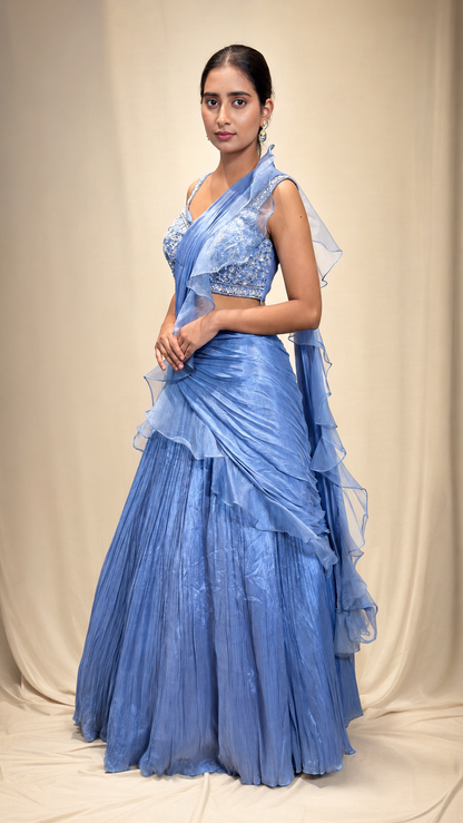 Powder Blue Pleated Saree Lehenga Set