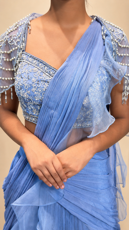 Powder Blue Pleated Saree Lehenga Set