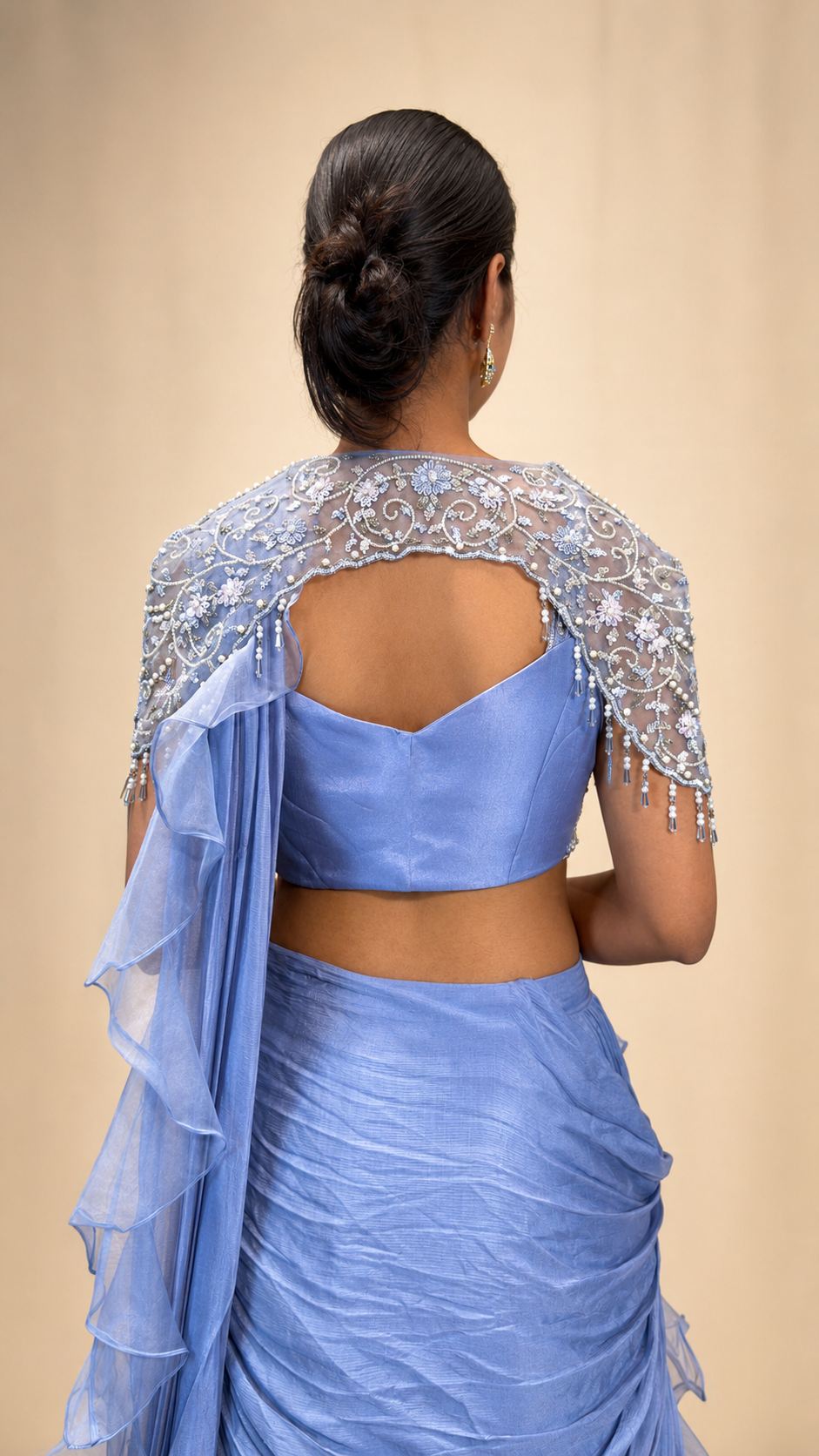 Powder Blue Pleated Saree Lehenga Set