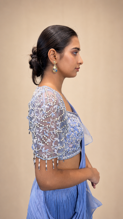 Powder Blue Pleated Saree Lehenga Set