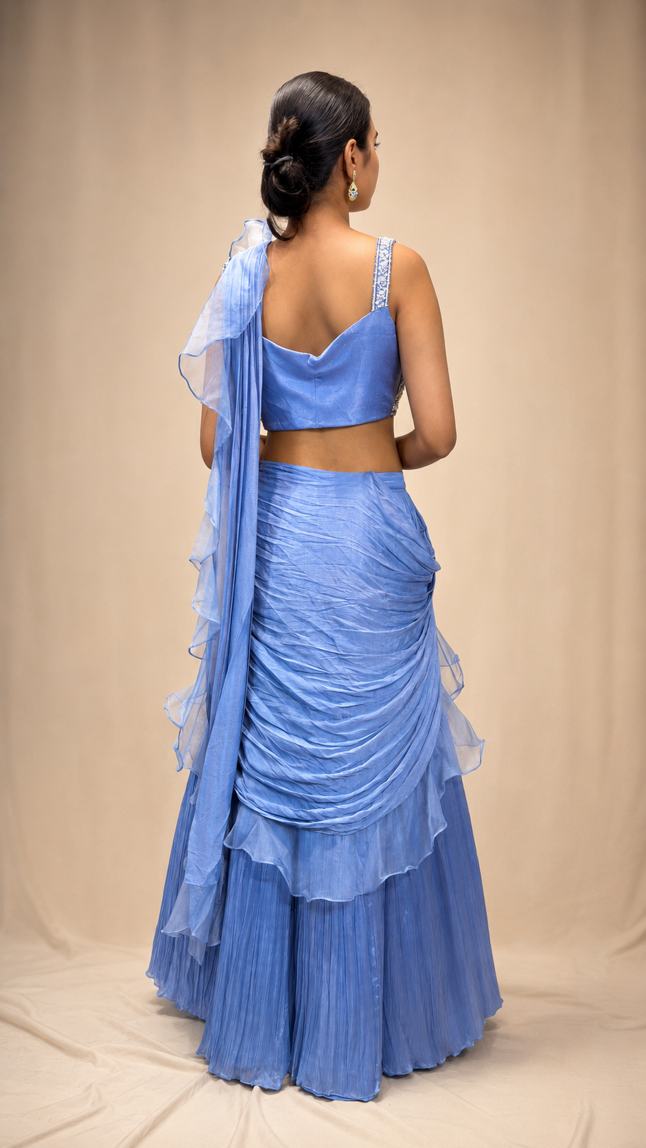 Powder Blue Pleated Saree Lehenga Set