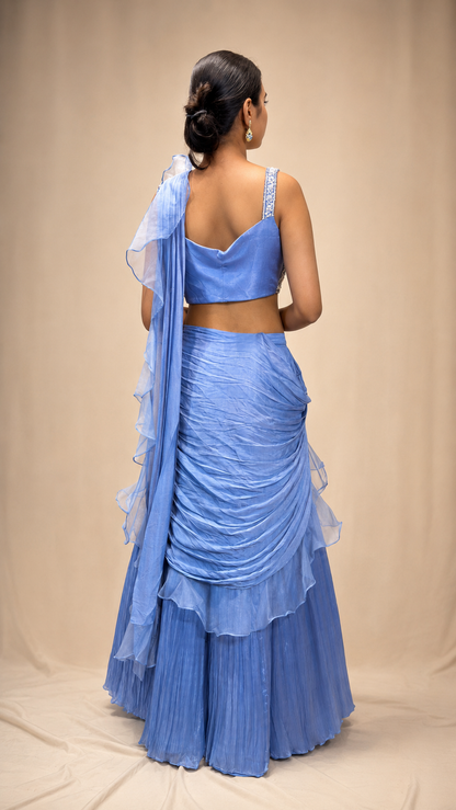 Powder Blue Pleated Saree Lehenga Set