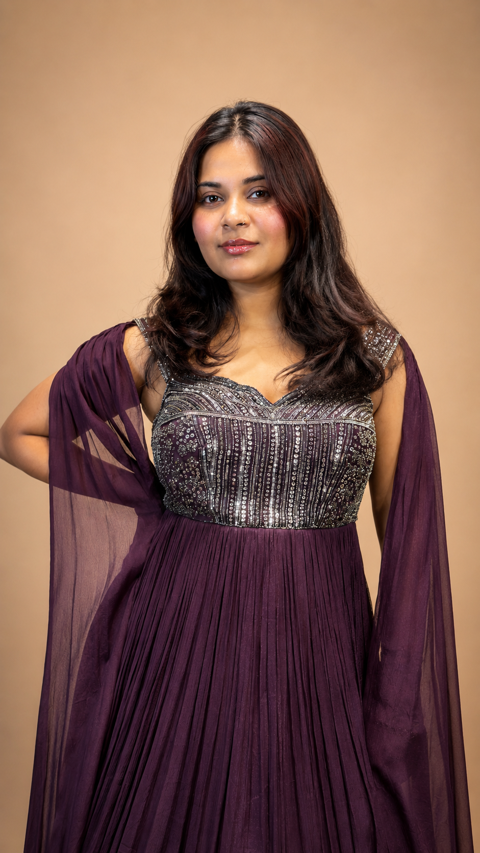 Plum Embellished Cape Sleeve Anarkali Gown
