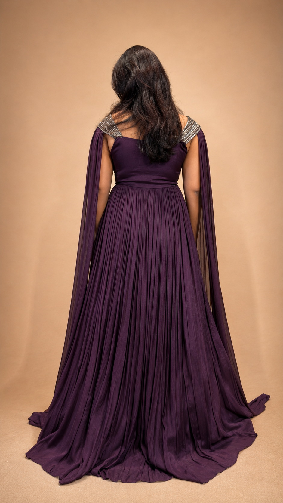 Plum Embellished Cape Sleeve Anarkali Gown