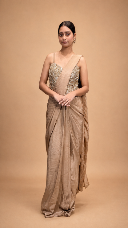 Champagne Drape Saree with Kundan Embellished Corset Blouse