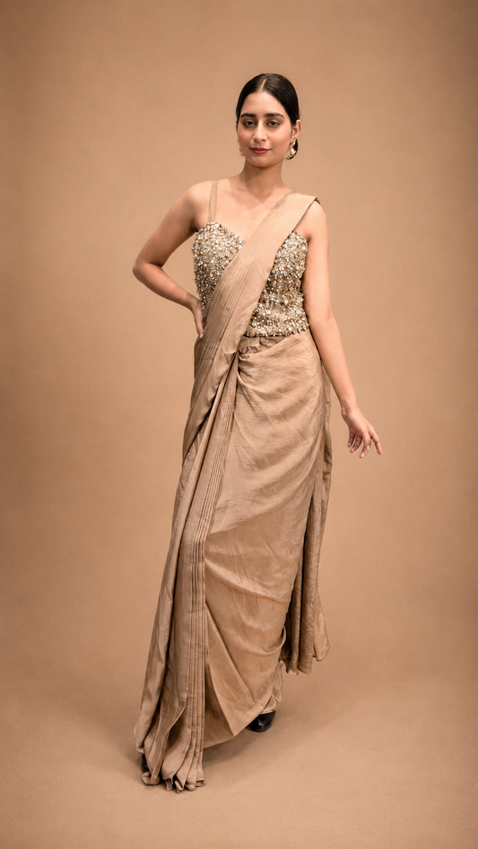 Champagne Drape Saree with Kundan Embellished Corset Blouse