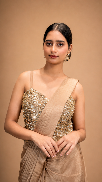 Champagne Drape Saree with Kundan Embellished Corset Blouse