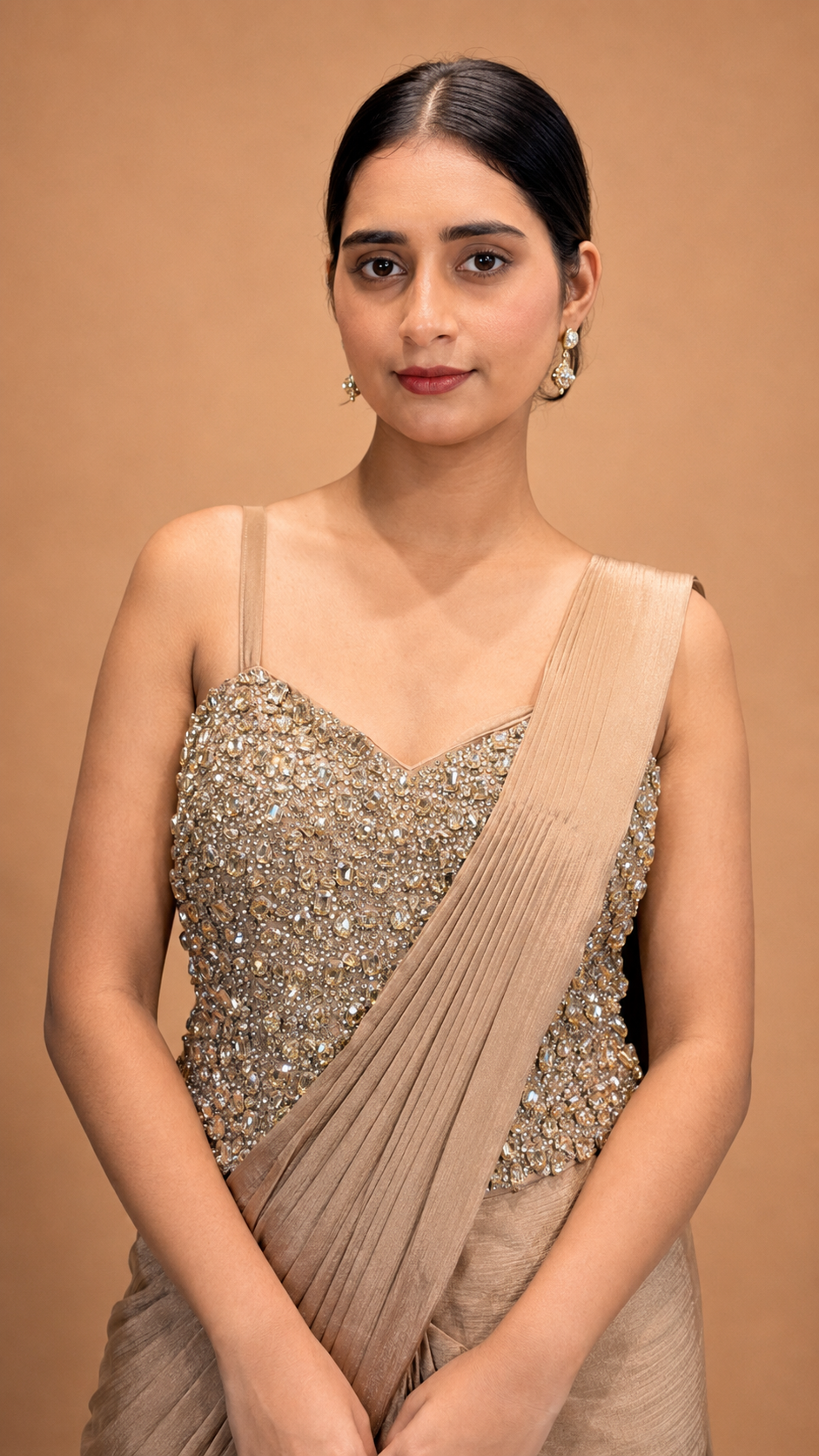 Champagne Drape Saree with Kundan Embellished Corset Blouse