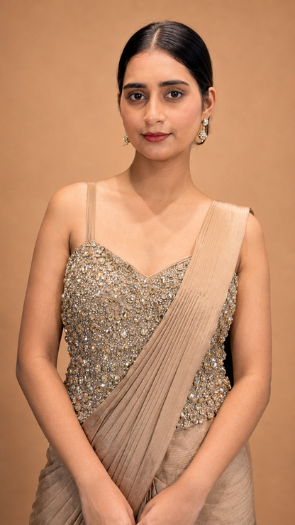 Champagne Drape Saree with Kundan Embellished Corset Blouse