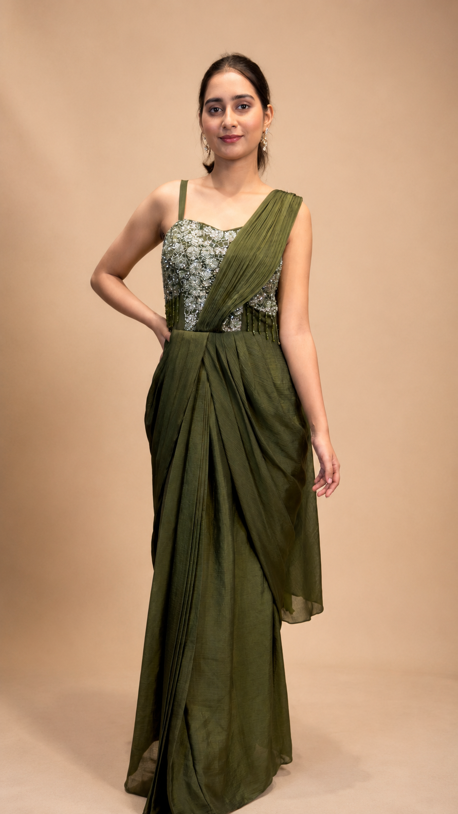 Emerald Green Embellished Pre‑Draped Saree Gown