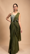 Emerald Green Embellished Pre‑Draped Saree Gown