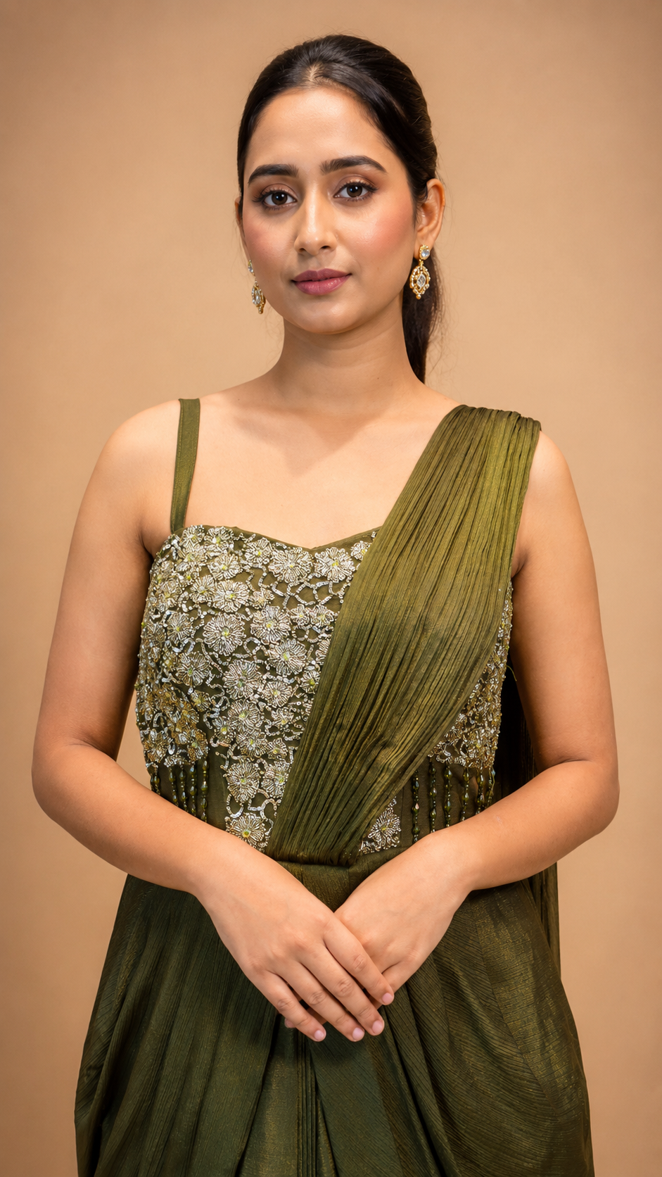Emerald Green Embellished Pre‑Draped Saree Gown