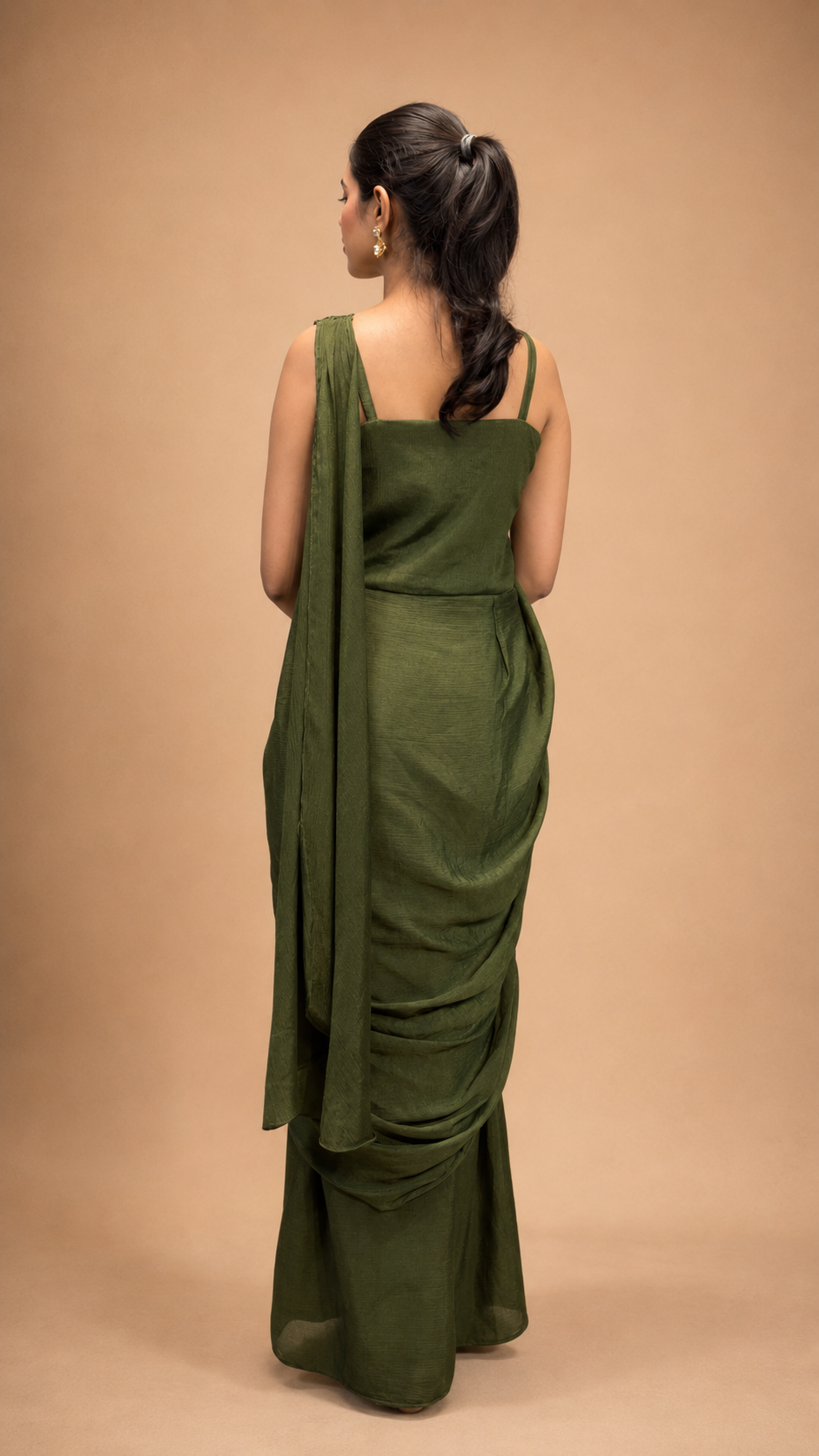 Emerald Green Embellished Pre‑Draped Saree Gown