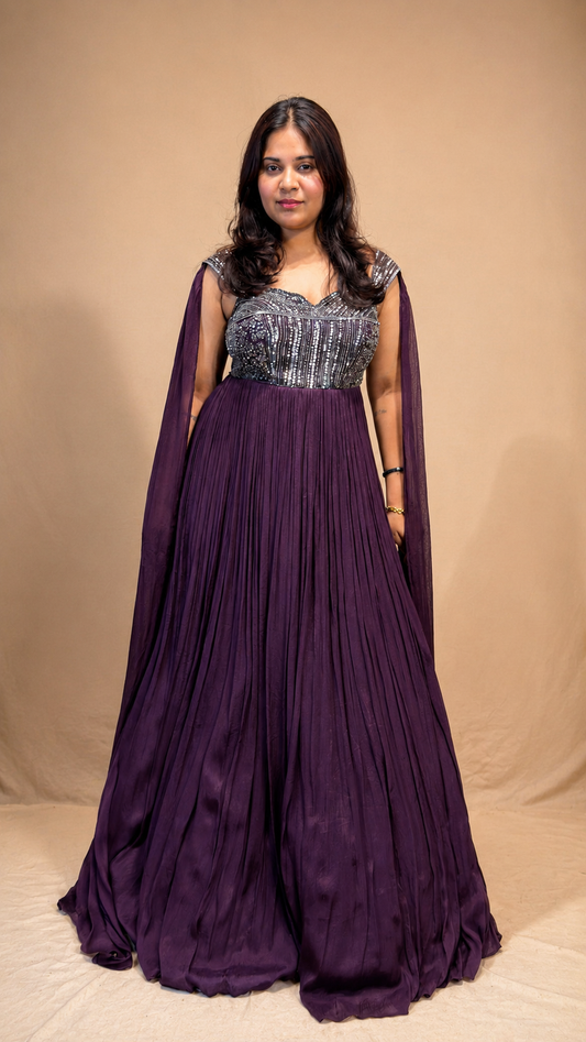 Plum Embellished Cape Sleeve Anarkali Gown
