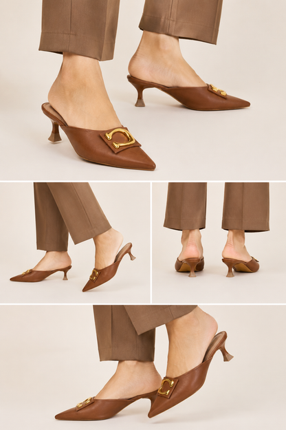 Elegant Brown Pointed-Toe Mule Heels with Gold Accent