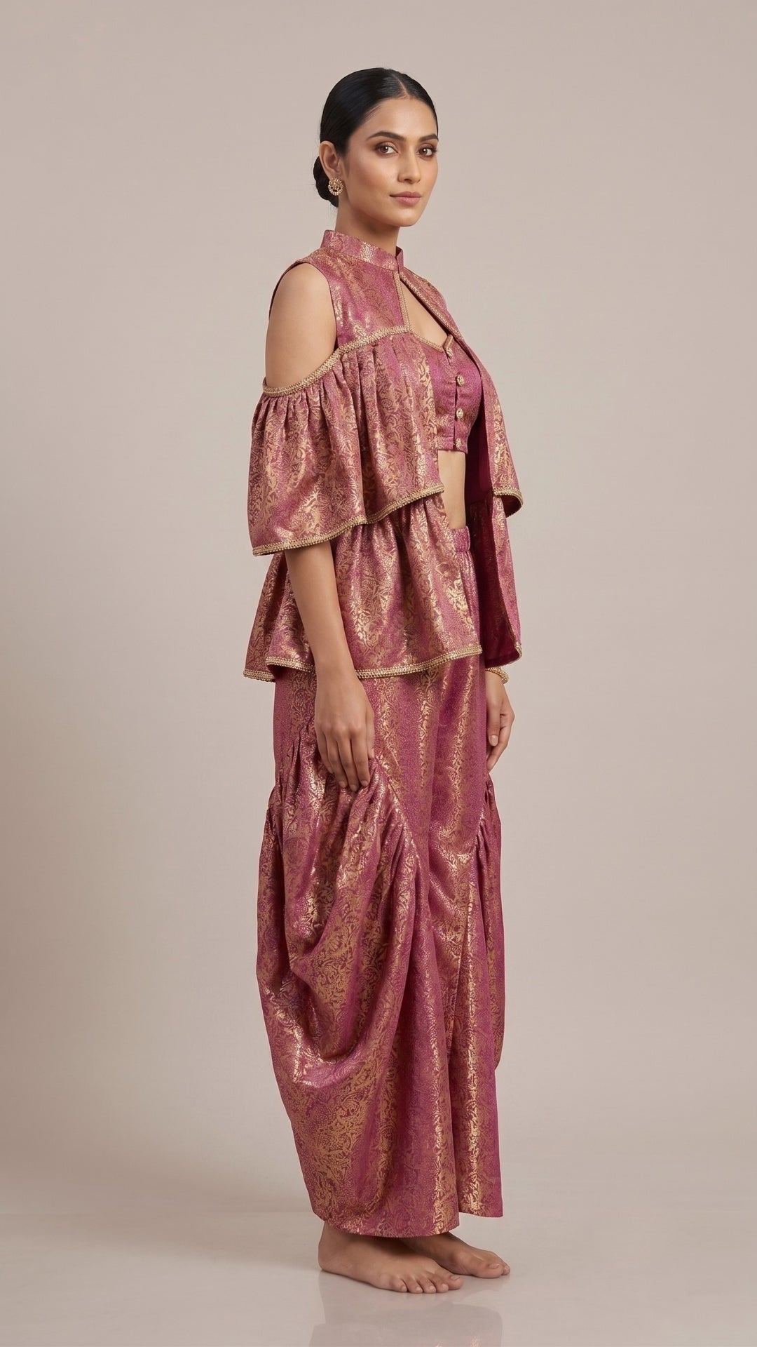 Wine Pink Brocade Peplum Top & Draped Palazzo Co-Ord Set