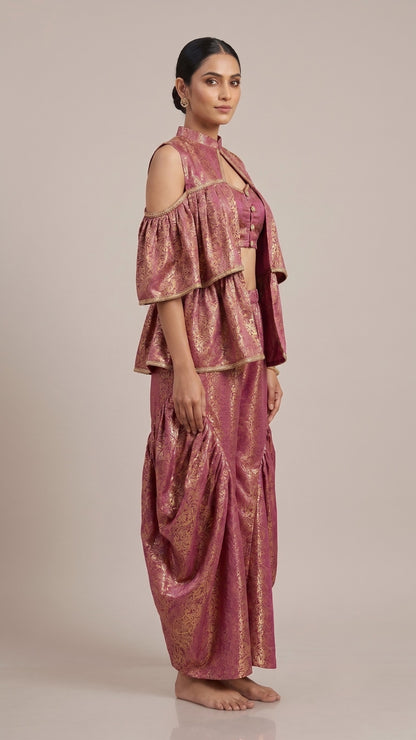 Wine Pink Brocade Peplum Top & Draped Palazzo Co-Ord Set