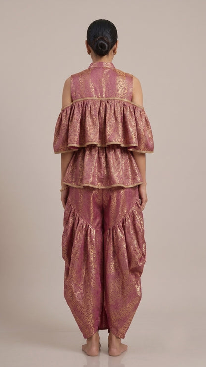 Wine Pink Brocade Peplum Top & Draped Palazzo Co-Ord Set